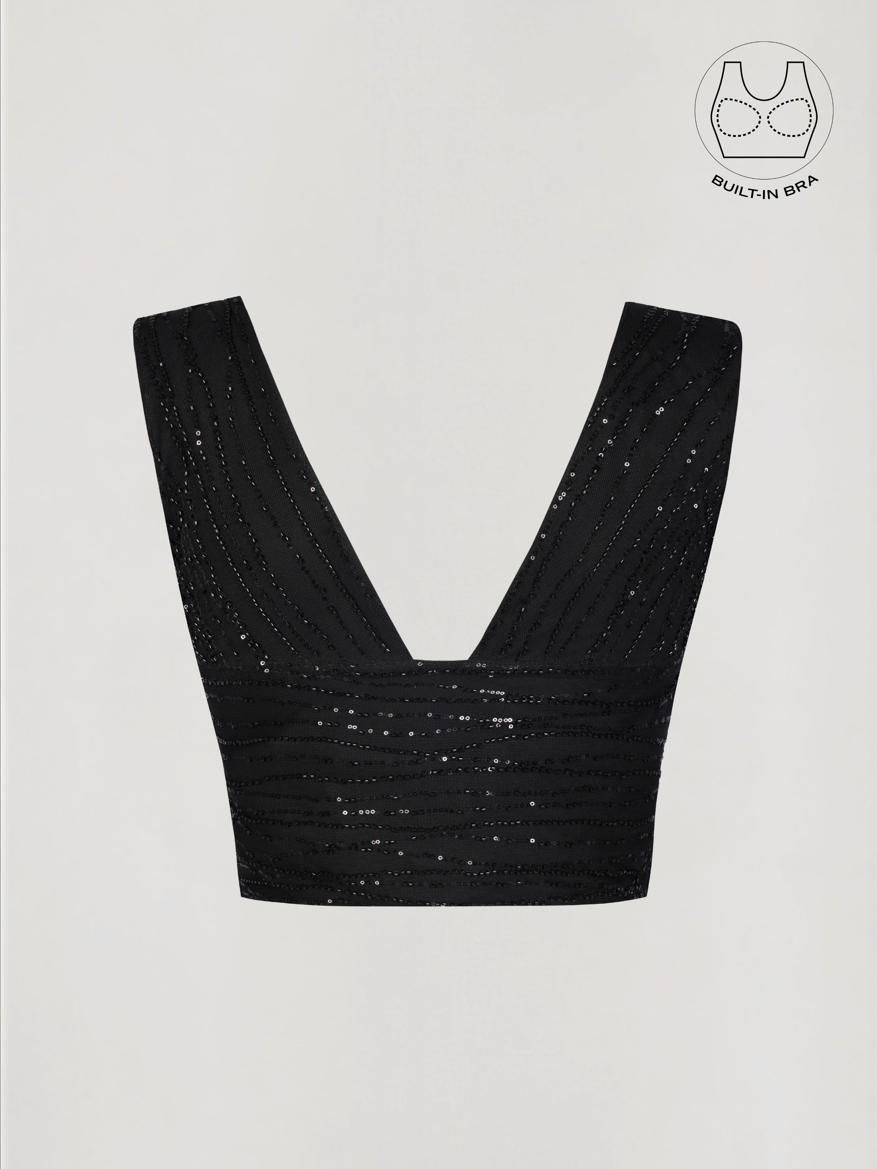 ASTRA BLACK BEADS & SEQUINS CROP TOP WITH INBUILT BRA