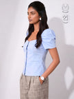 LEONIE ICE BLUE GATHERED SLEEVES BUTTON TOP WITH INBUILT BRA