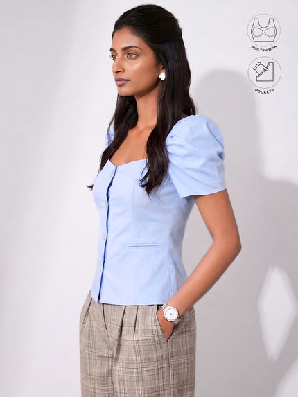 LEONIE ICE BLUE GATHERED SLEEVES BUTTON TOP WITH INBUILT BRA