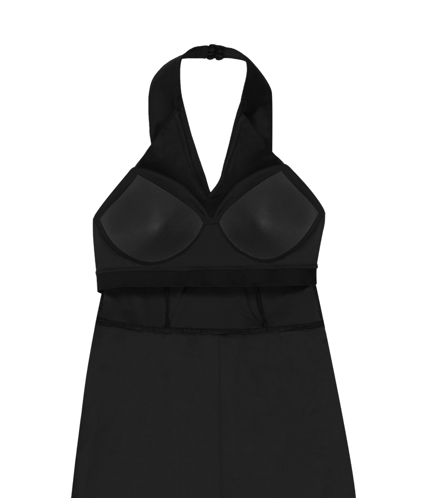 Black smart casual gown with structured collar design.
